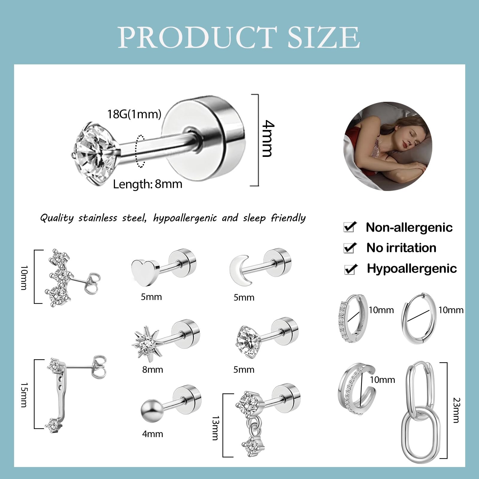 12 Pairs Hypoallergenic Flat Back Earrings for Women 14K Gold Cartilage Earring