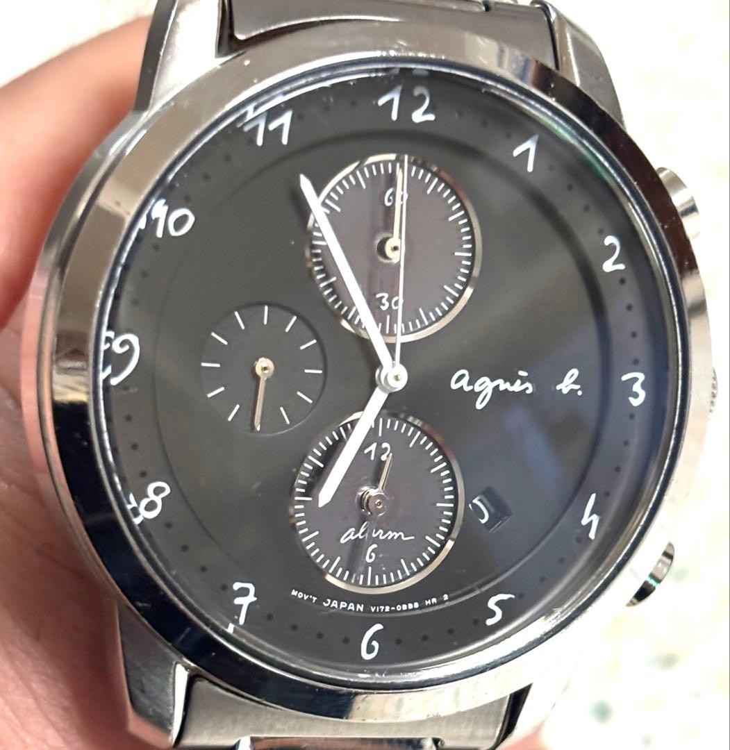 Agnes b Solar Chrono Watch Black Dial 17cm Band Automatic Movement Excellent