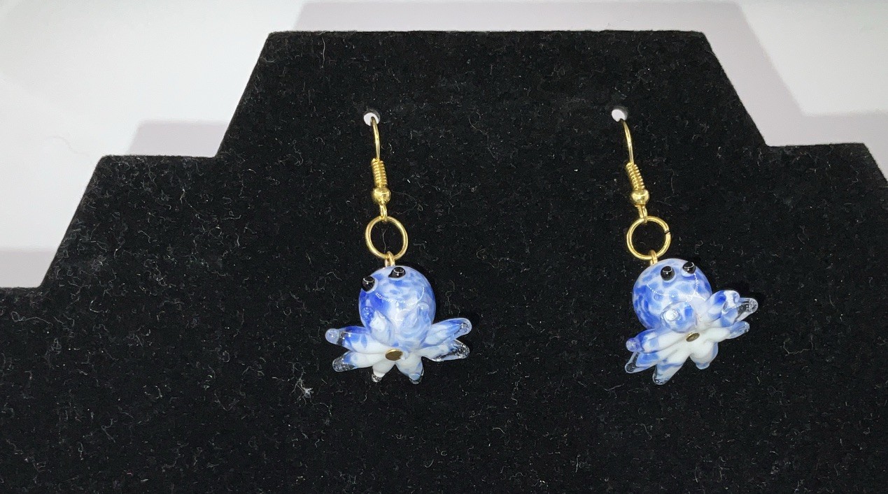 Blue & White Octopus Glass Earrings W/ Backs. Homemade 14k Extra Plated Gold New