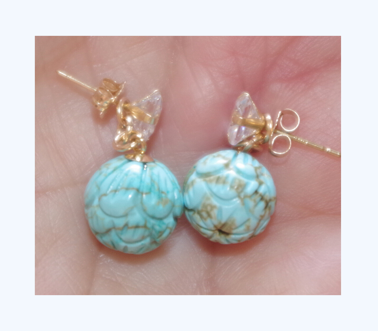 VINTAGE 1OK GENUINE 6 MM ZIRCON STUD EARRINGS W 10 MM TURQUOISE BALL JACKETS