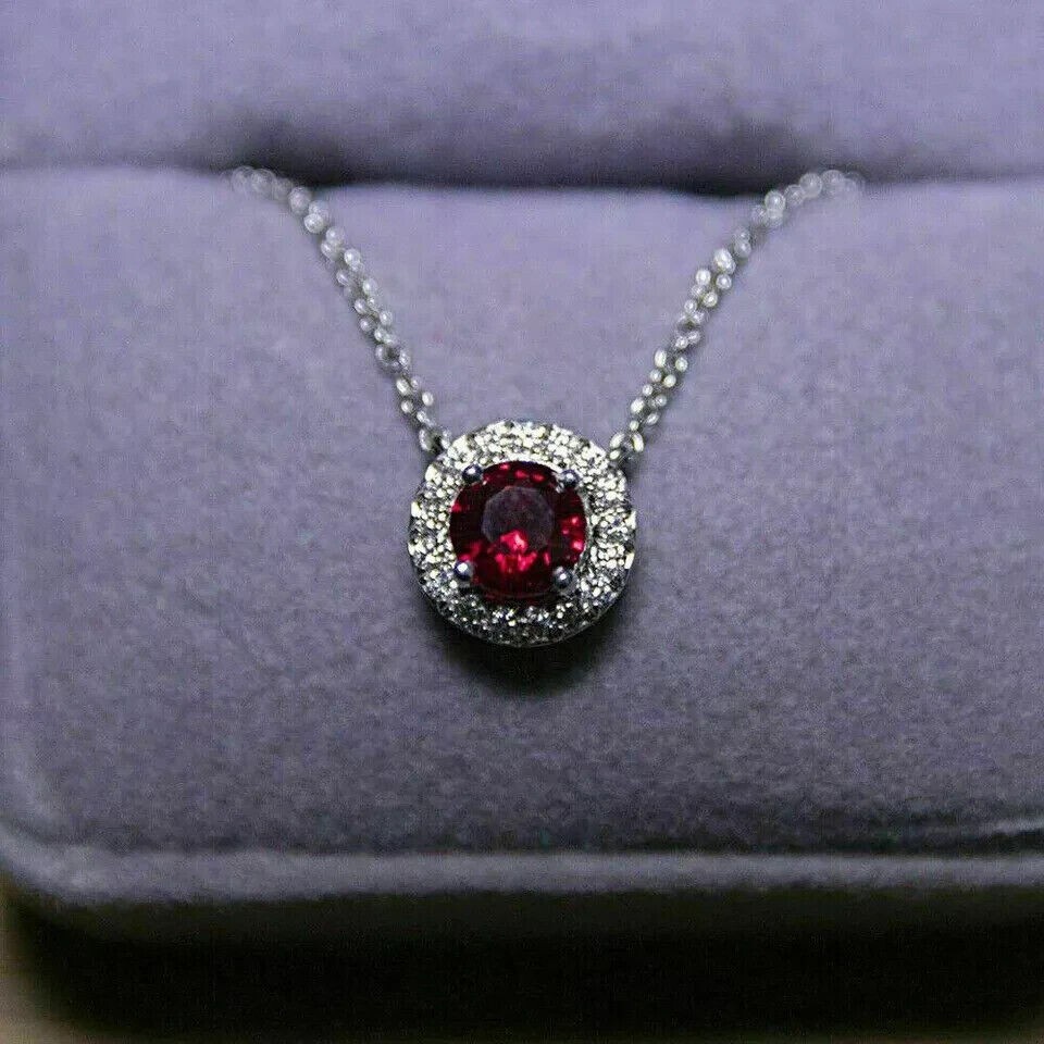 Round Cut Simulated Red Garnet Women’s Halo Fancy Pendant 14K White Gold Plated