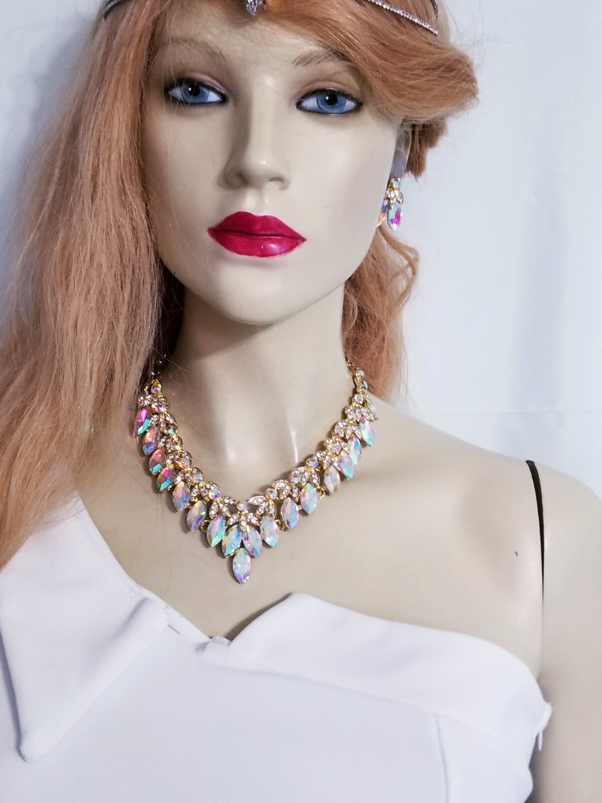 AB Iridescent Crystal Choker Rhinestone Necklace Earring Set Bridal Prom Pageant