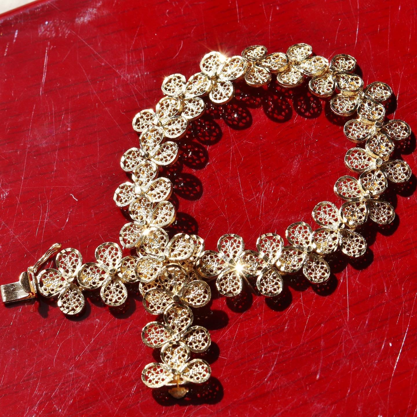 14k yellow gold bracelet 7.25″ diamond cut flower link chain handmade 15.7g N307