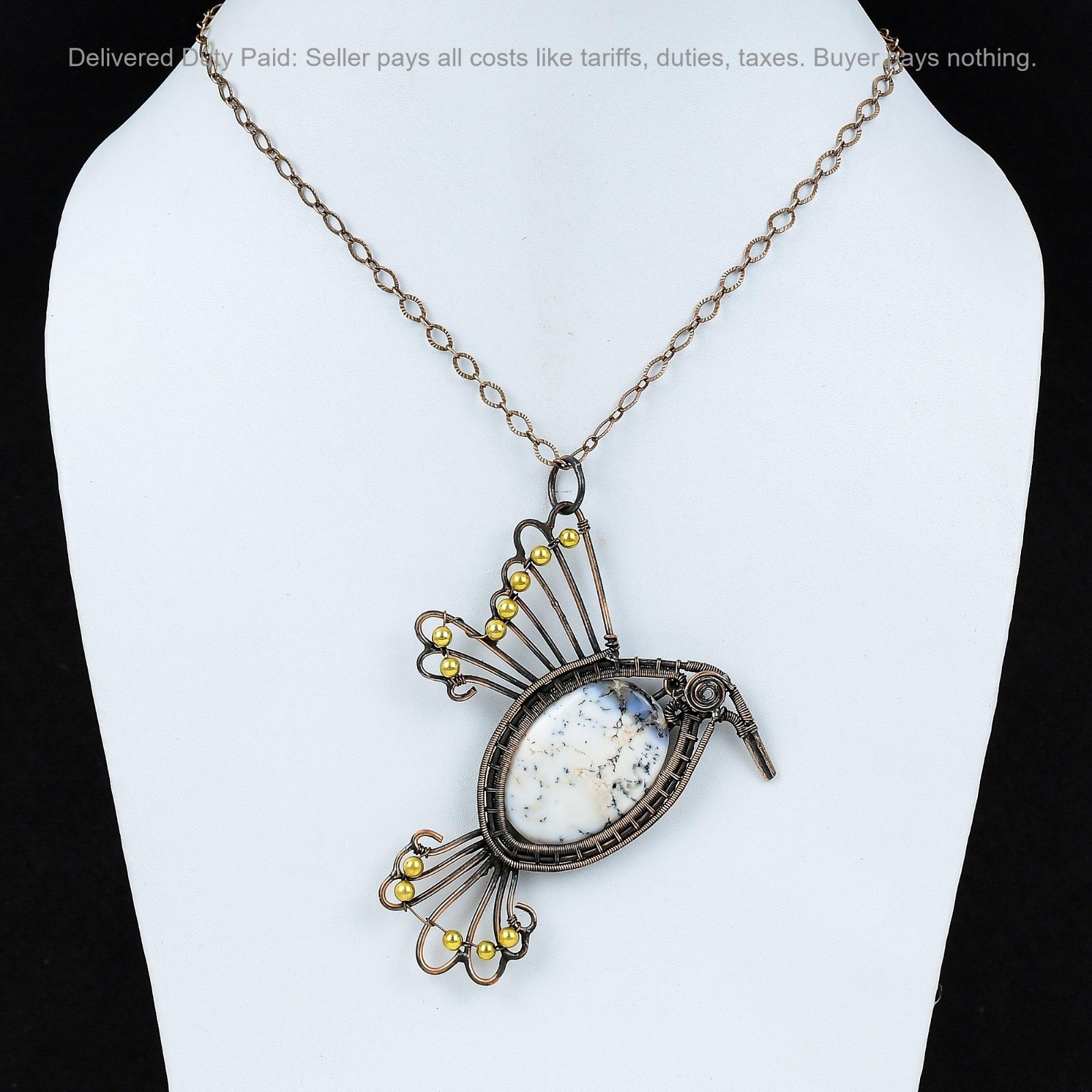 Copper Dendrite Opal Stone Elegant Mother Wire Wrapped Bird Boho Pendant Jewelry