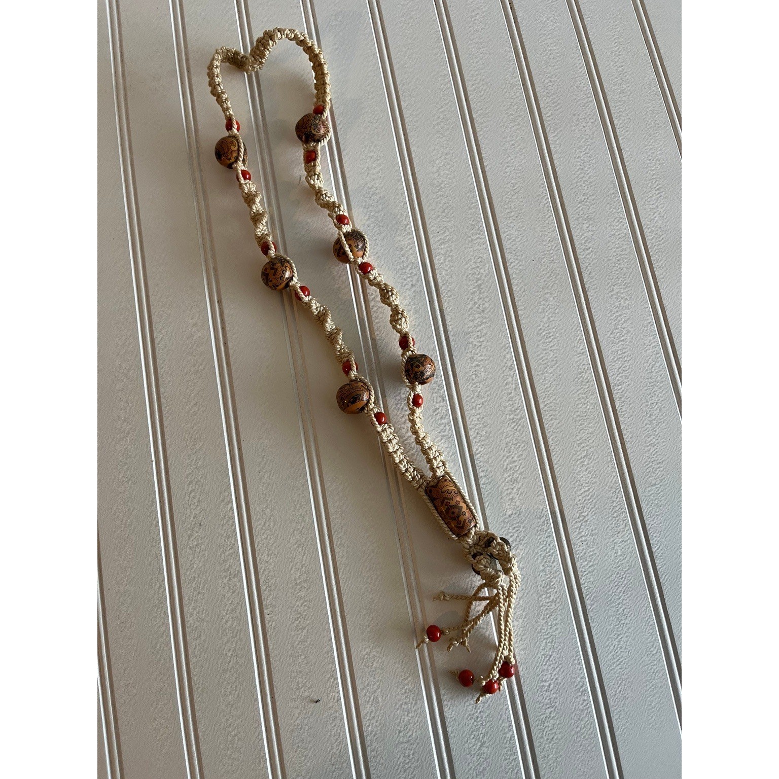 Vintage Boho Macrame Beaded Necklace Cream Red Southwestern Tassel Handmade