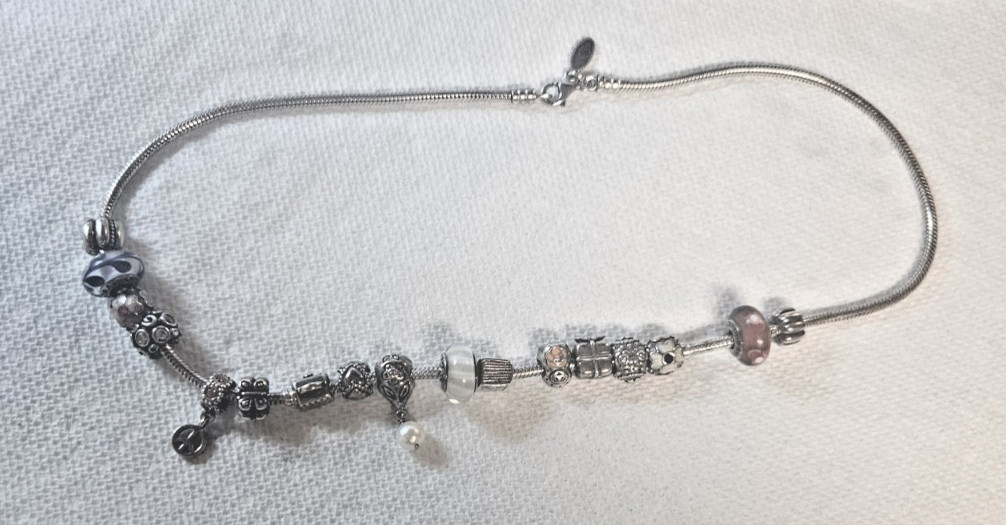 Pandora Necklace – 17 Charms – Weight 3 oz. – 18″ long – Lobster Clasp