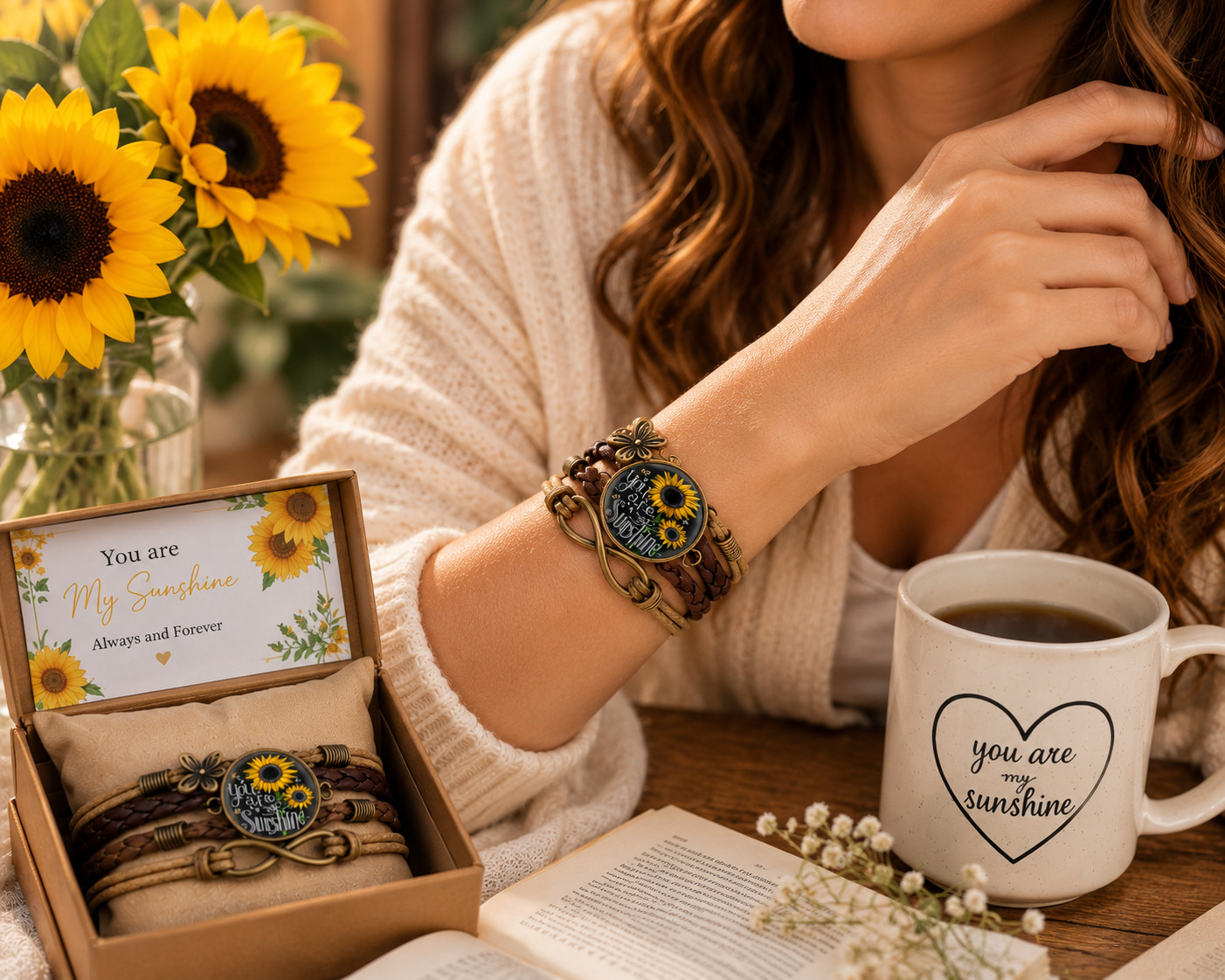You Are My Sunshine Sunflower Leather Bracelet Butterfly Charm Gift for Her