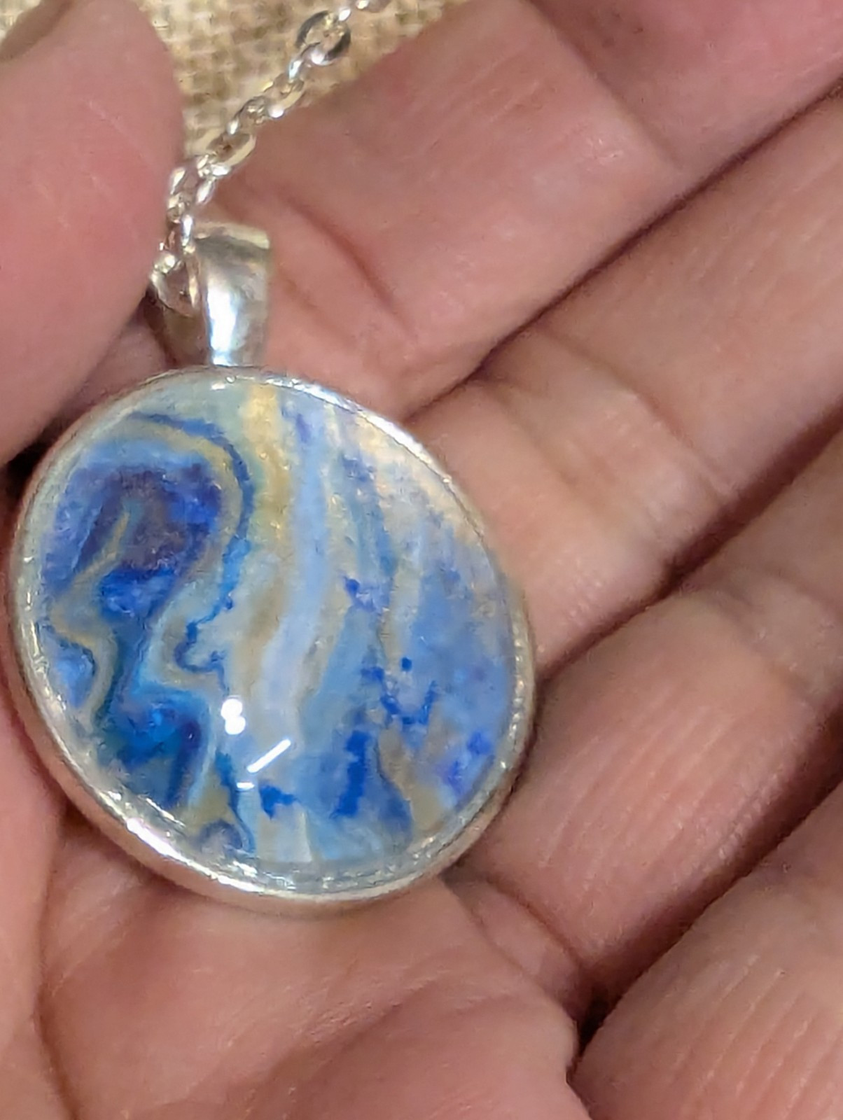 Hand Painted Abstract Blue Pendant Silver Tone Necklace Glass Dome Bezel 24 Inch