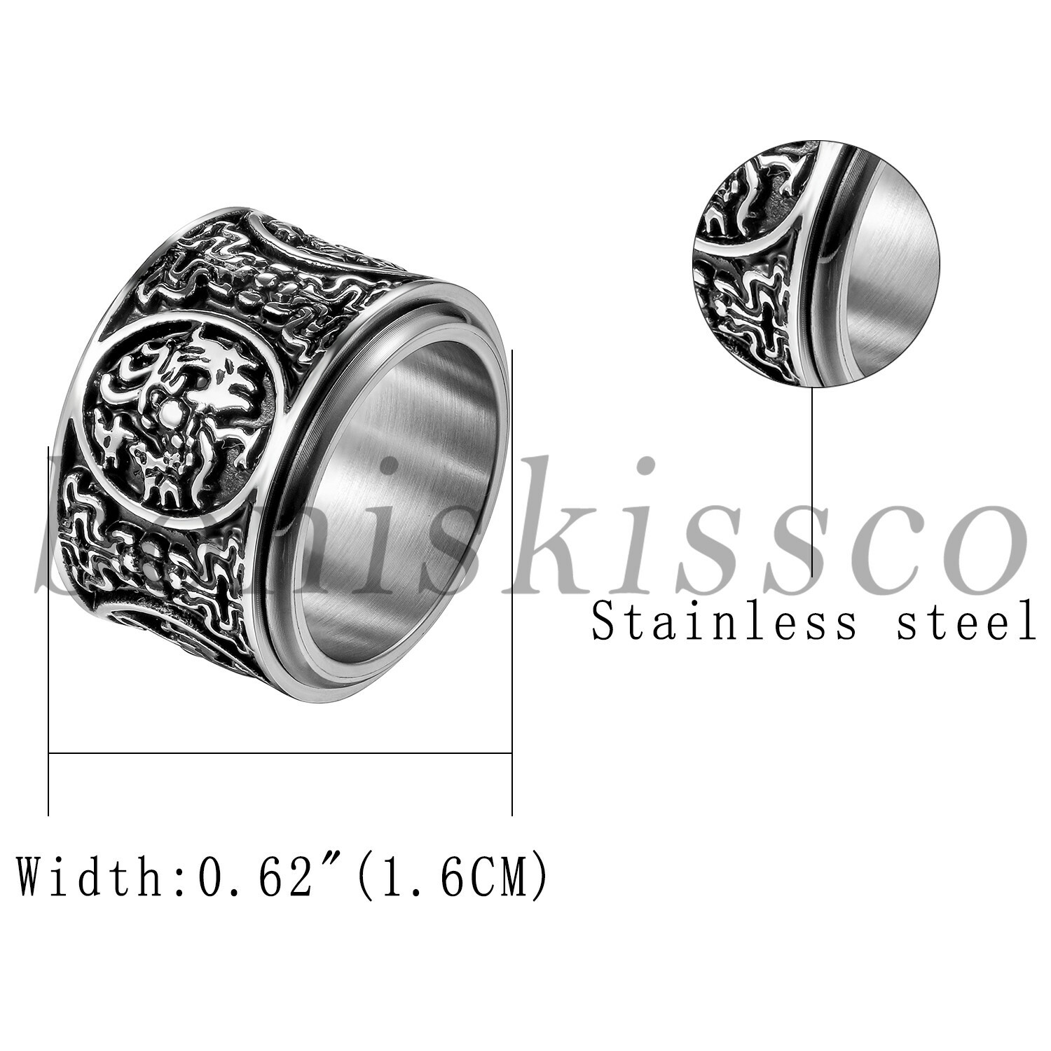 Men’s Retro Heavy Wide Guardian Beasts Stainless Steel Spinner Ring Lucky Band