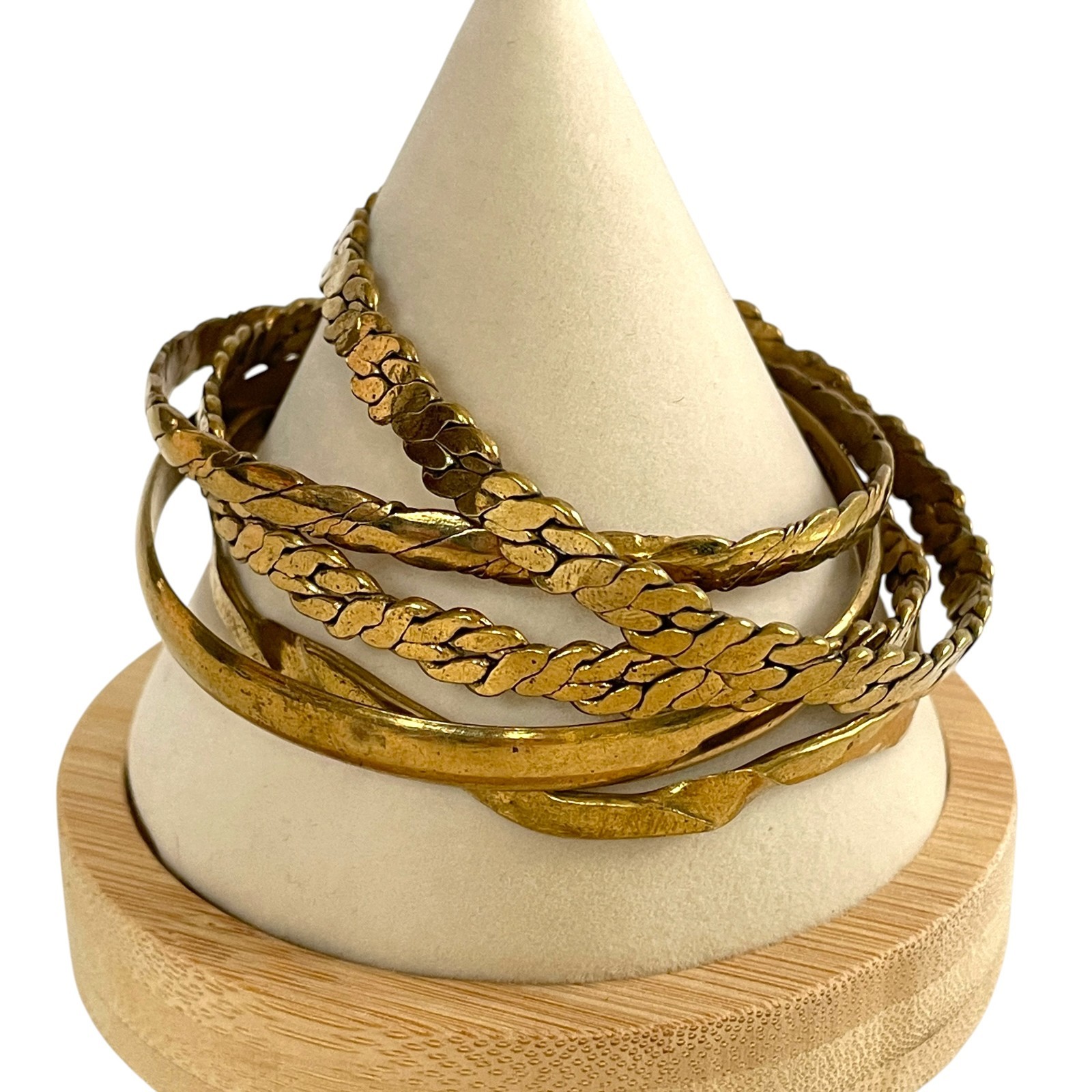 Vintage Artisan Brass Bangle Bracelets Set Hand Hammered Boho Stacking -Set of 5