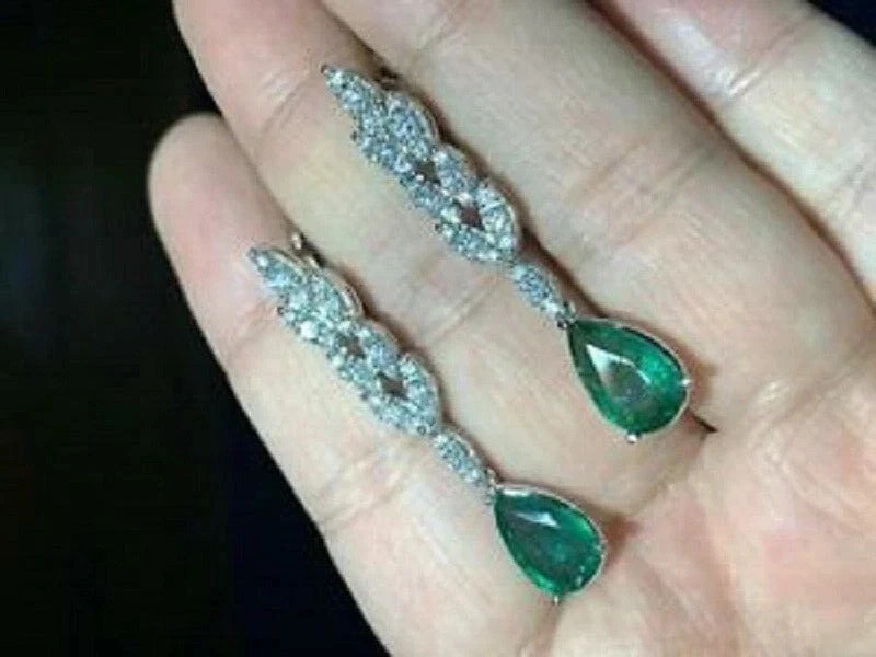 2.13Ct Pear Cut Lab-Created Emerald & Diamond Wedding 14k White Gold FN Earrings
