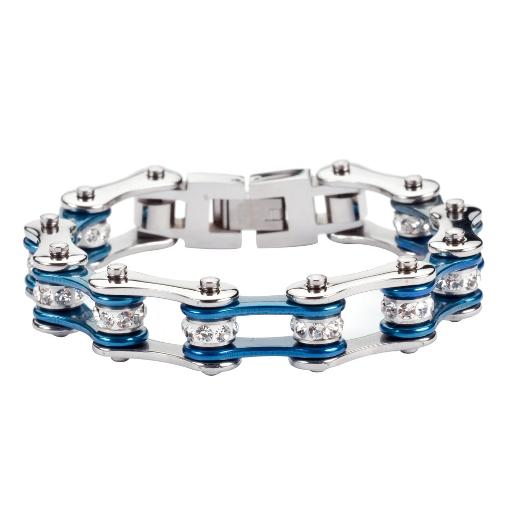 Ladies 10mm Stainless Steel Motorcycle Bike Chain Bracelet Electric Blue 83