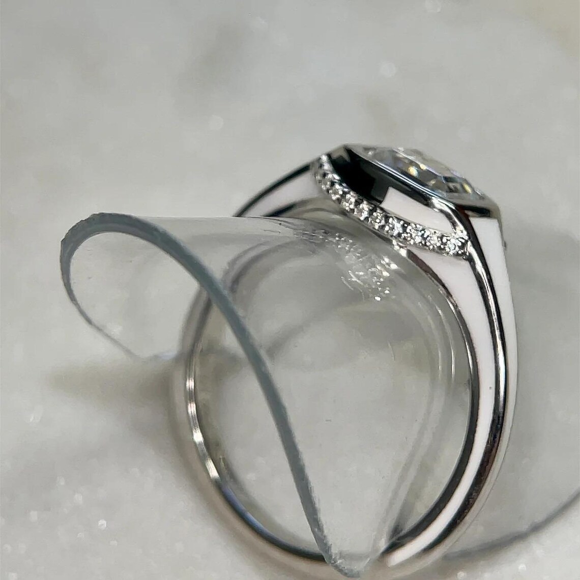 FINE JEWELRY RING Black & White Enamel Moissanite Ring 1.5ct Emerald Cut, D