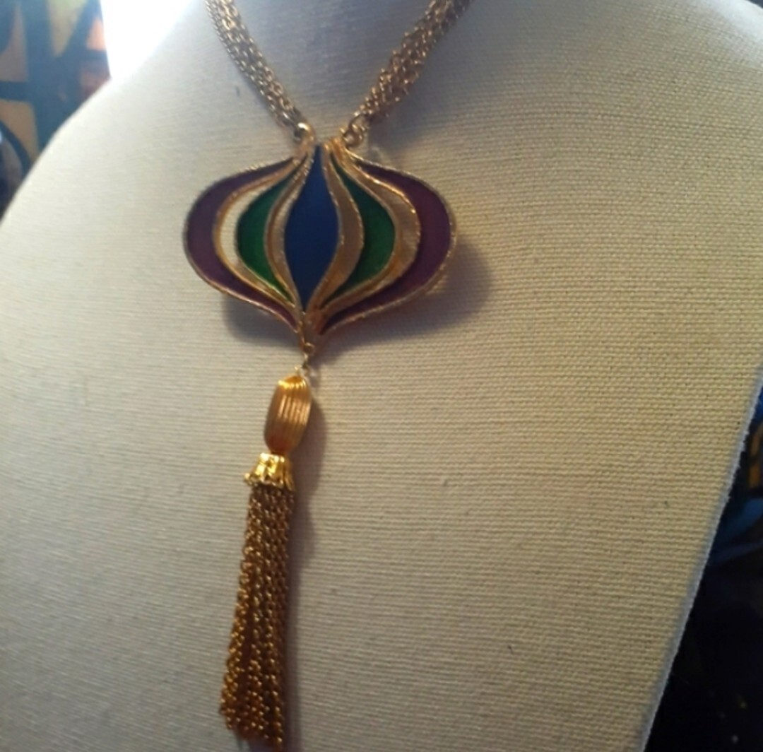 Vtg 1960s R Mandle Op Art Enamel Tassel 3 Chain Runway Choker Necklace