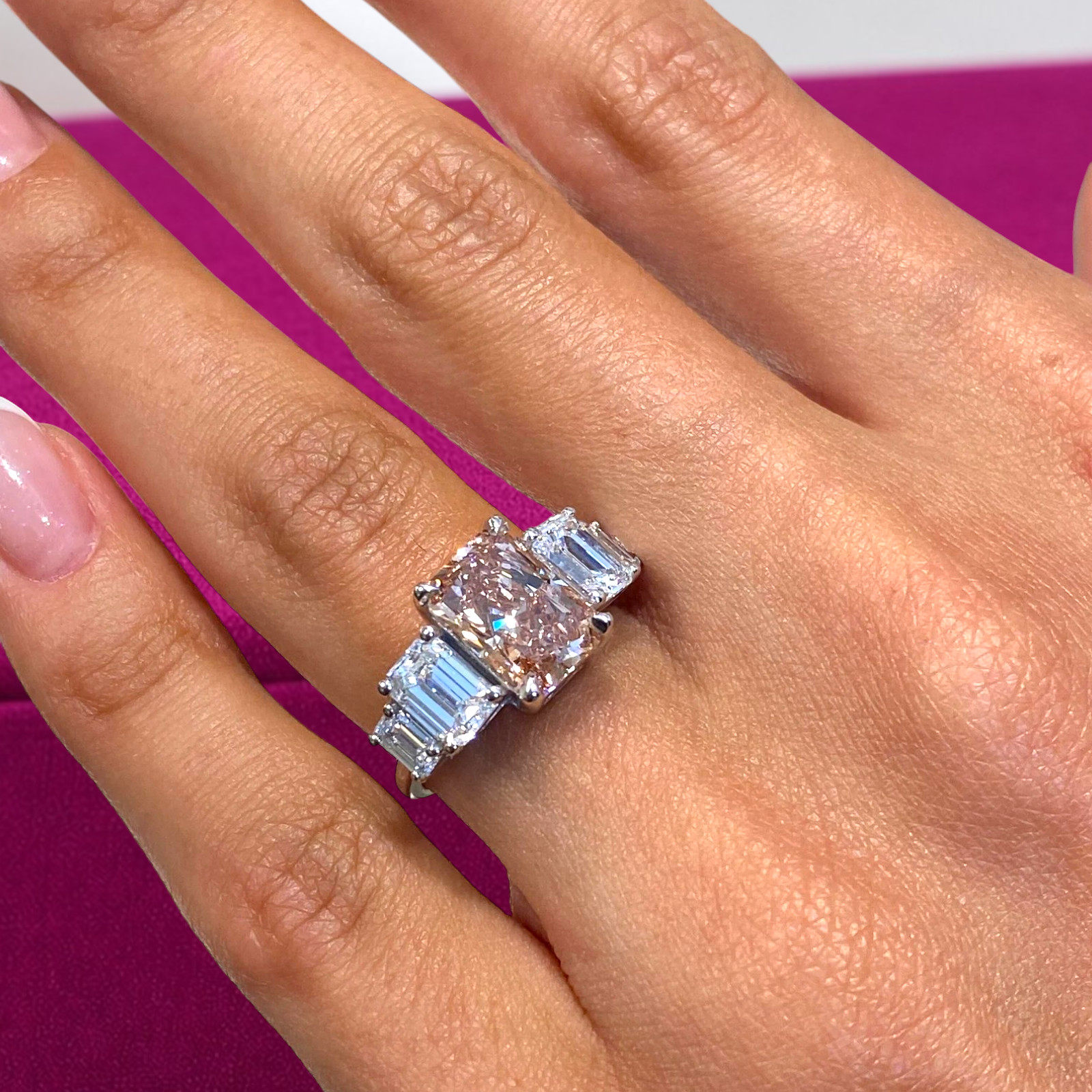 3.95 Ct Fancy Vivid Pink Radiant Cut IGI Lab Created Diamond Ring 14k White Gold