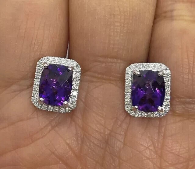 Cushion Cut Simulated Amethyst Gorgeous Halo Stud Earring 14k White Gold Plated