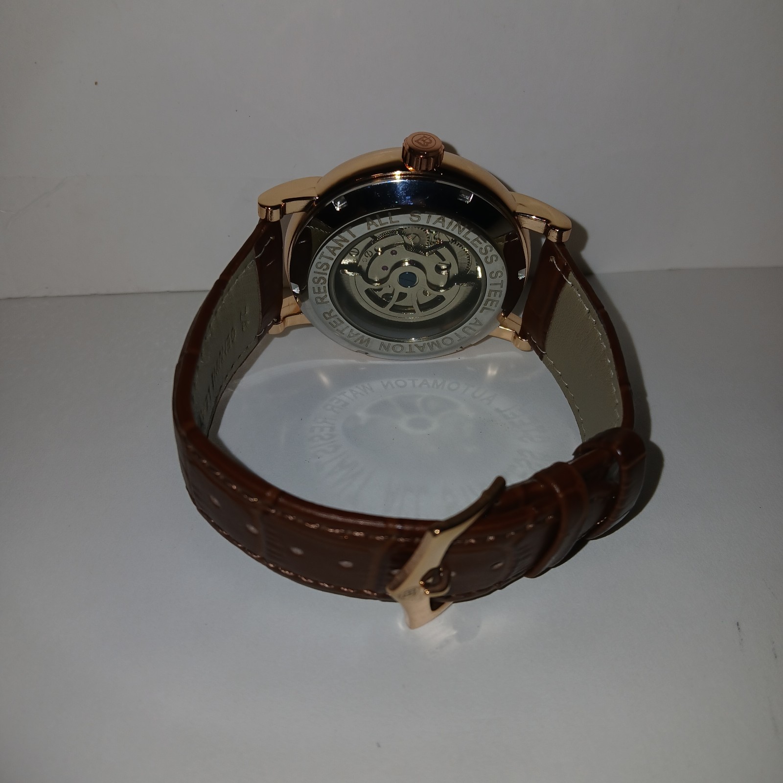 ​BiBi Automatic Watch Skeleton Mechanical Rose Gold Case Brown Leather Moonphase