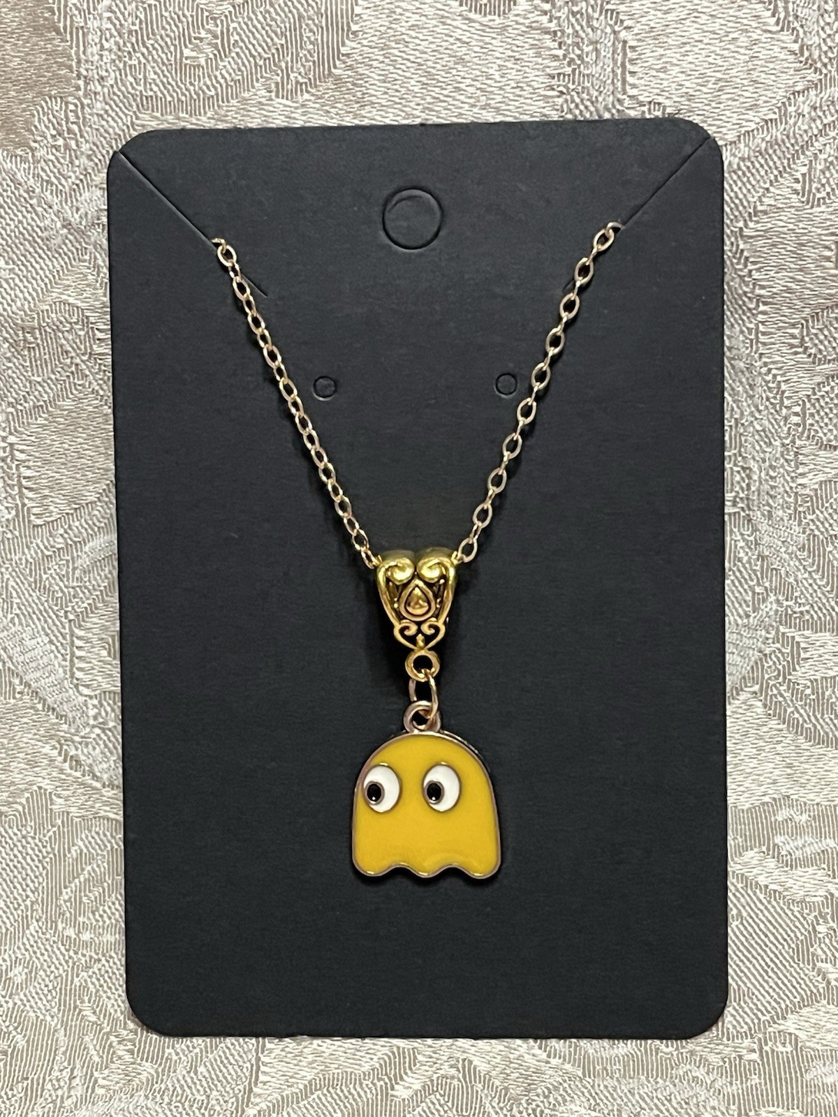 PAC Man Clyde Yellow Ghost Gold Enamel Fashion Video Game Novelty 18” Necklace