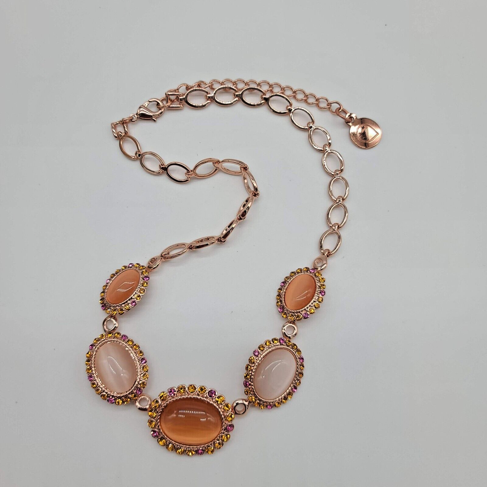 7 Charming Sisters Pink, Orange & White Moonstone, Crystal & Rose Gold Necklace