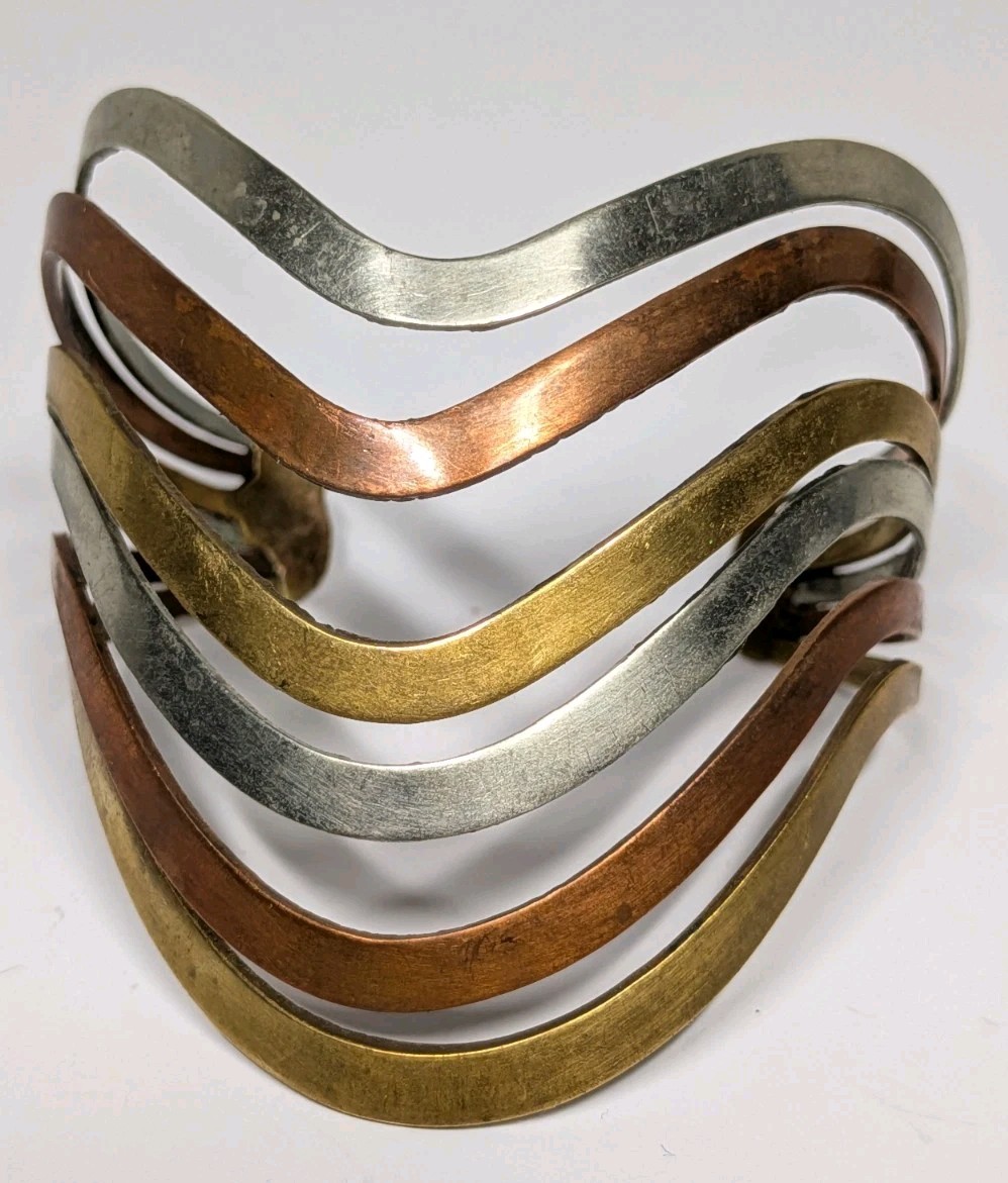 Vintage Modernist Mixed Metal Cuff Bracelet Brass Copper Silver Tone Open Bangle