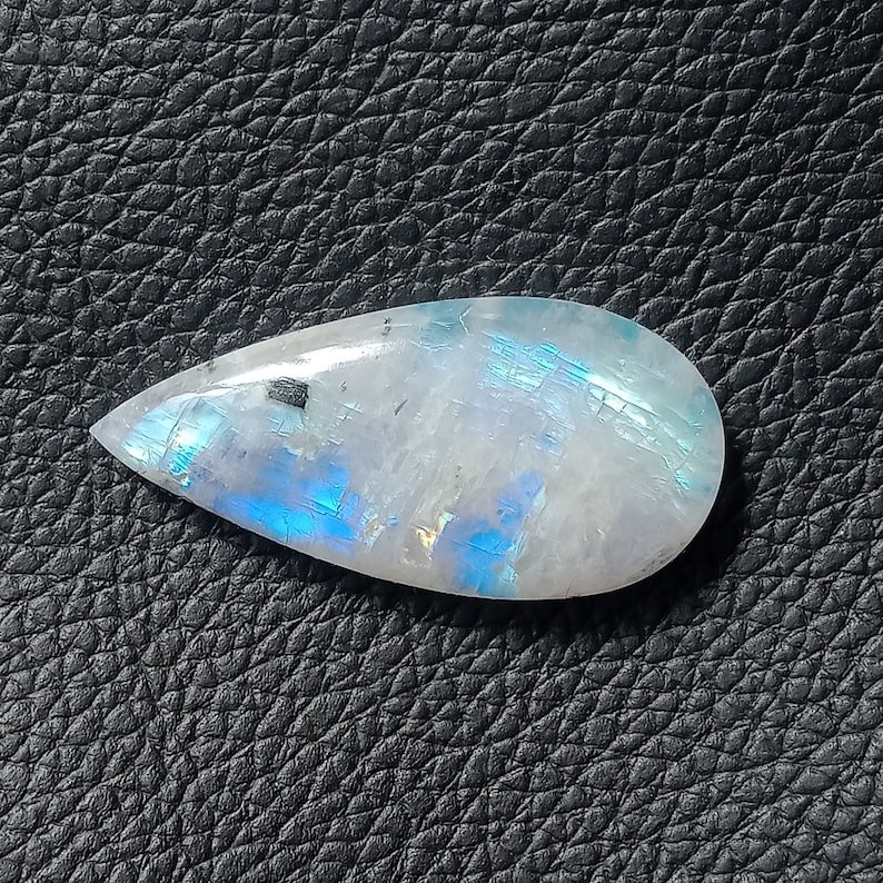 Rainbow Moonstone Cabochon with Black Tourmaline, Pear Gemstone, Big Size 45x21x
