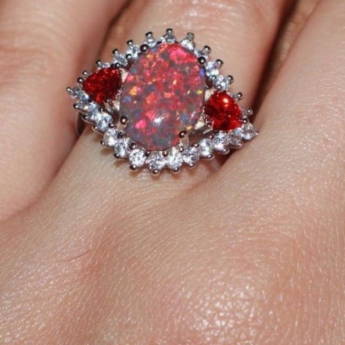 fire opal Cz ring gemstone silver jewelry Sz 7 8 8.5 cocktail engagement band H6