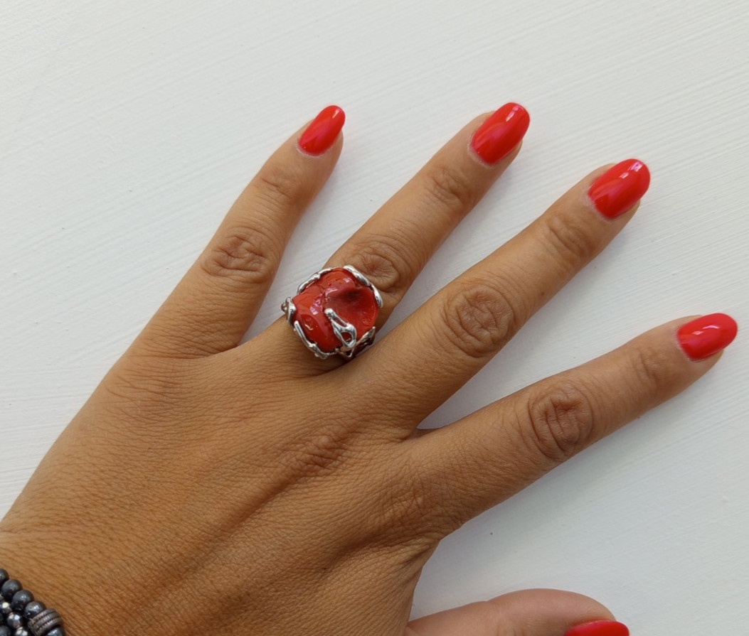 Women’s Ring Real Red Italian Red Silver White 925 Adjustable Band