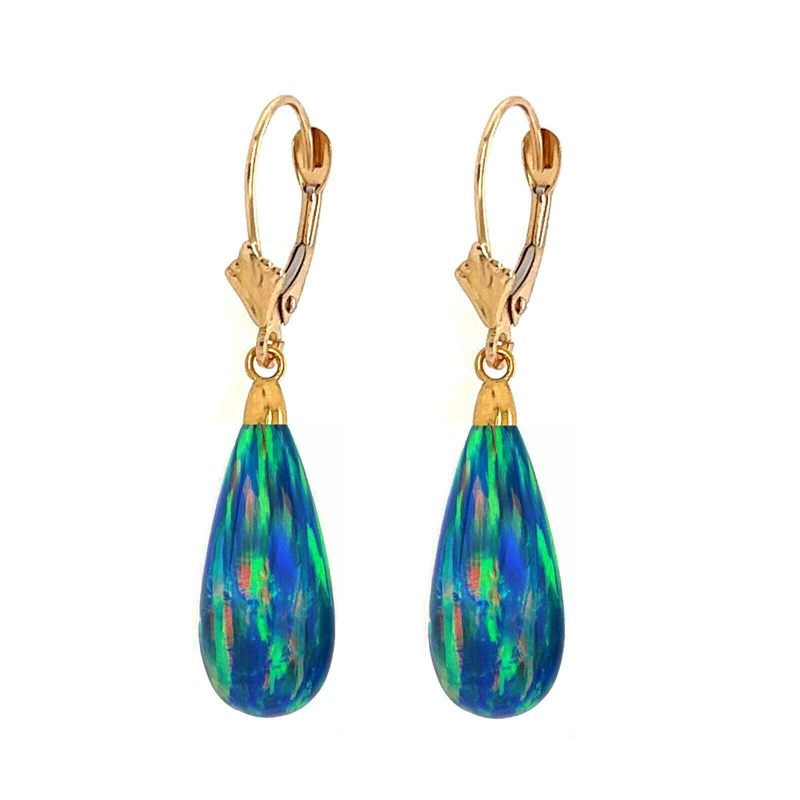 14k Yellow and White Gold Green Opal Leverback Earrings