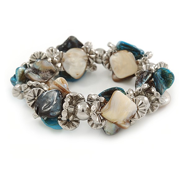Blue/ Natural Sea Shell Silver Tone Acrylic Bead Flex Bracelet – 18cm L