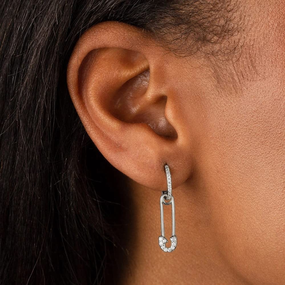 Cute CZ Safety Pin Small Dangle Drop Cuff Cartilage Hoop Earrings for Women S…