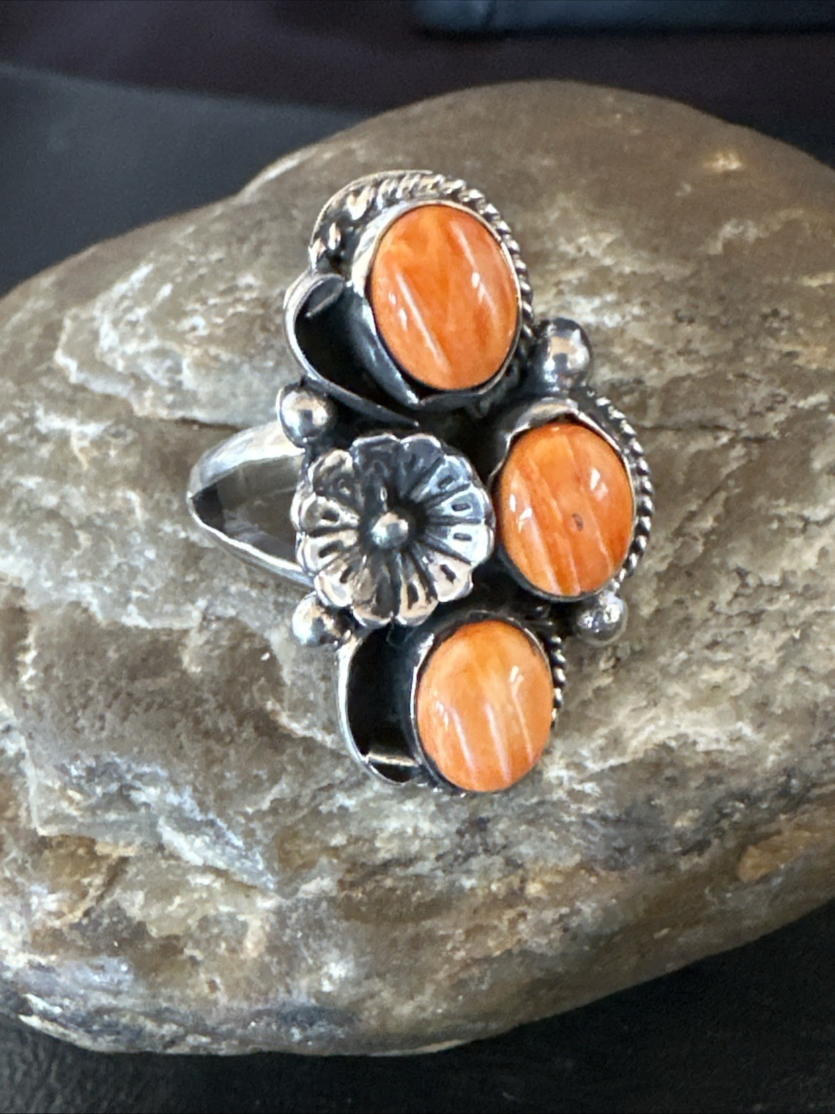 Orange Spiny Oyster Cluster Navajo Sterling Silver Ring Size 6.5 19185