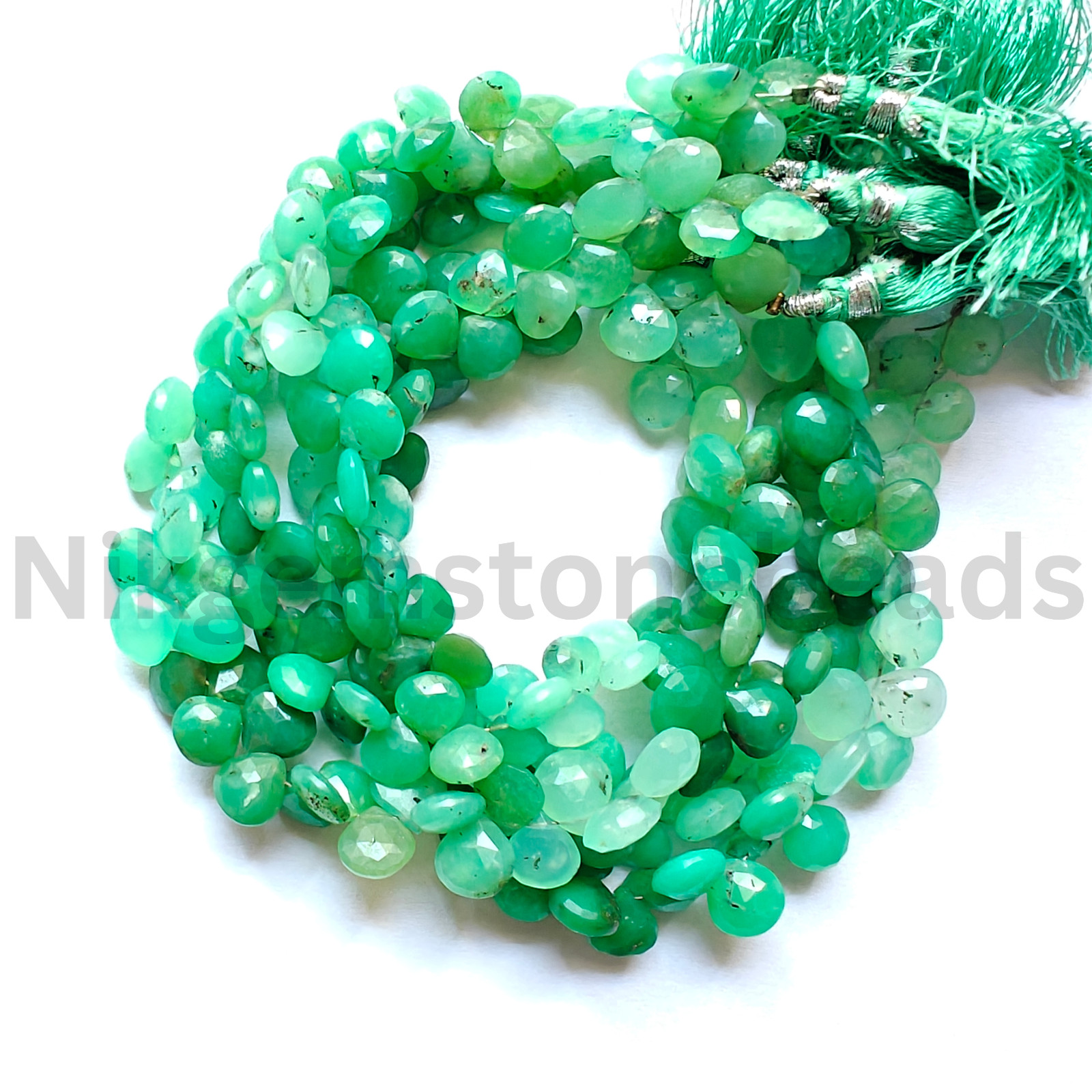 Natural Shaded Chrysoprase Beads, Briolette Faceted Heart Cut Gems, 6.25-7.75 MM
