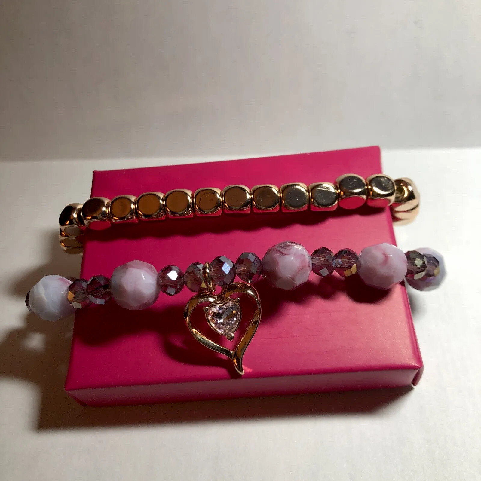 Avon Rose Gold Bracelet & Mauve Beaded Rhinestone Heart Charm Bracelet One Size
