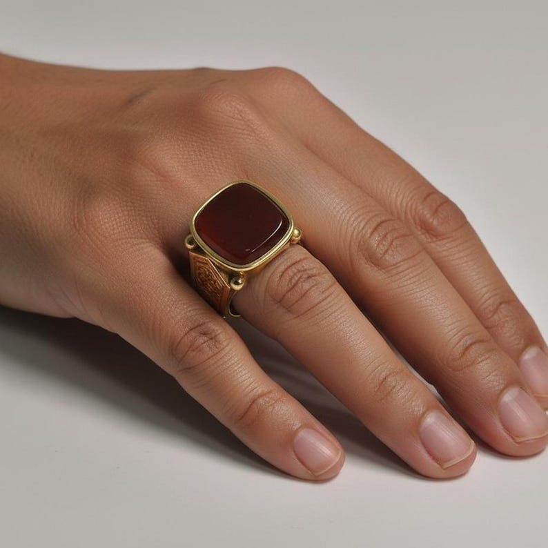 Brass Gold Plated Carnelian Ring Mens Vintage Red Agate Signet Statement New