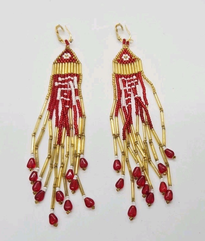 Beaded Chandelier Earrings Red and Gold Handmade Boho Flower Waterfall 5.5 in