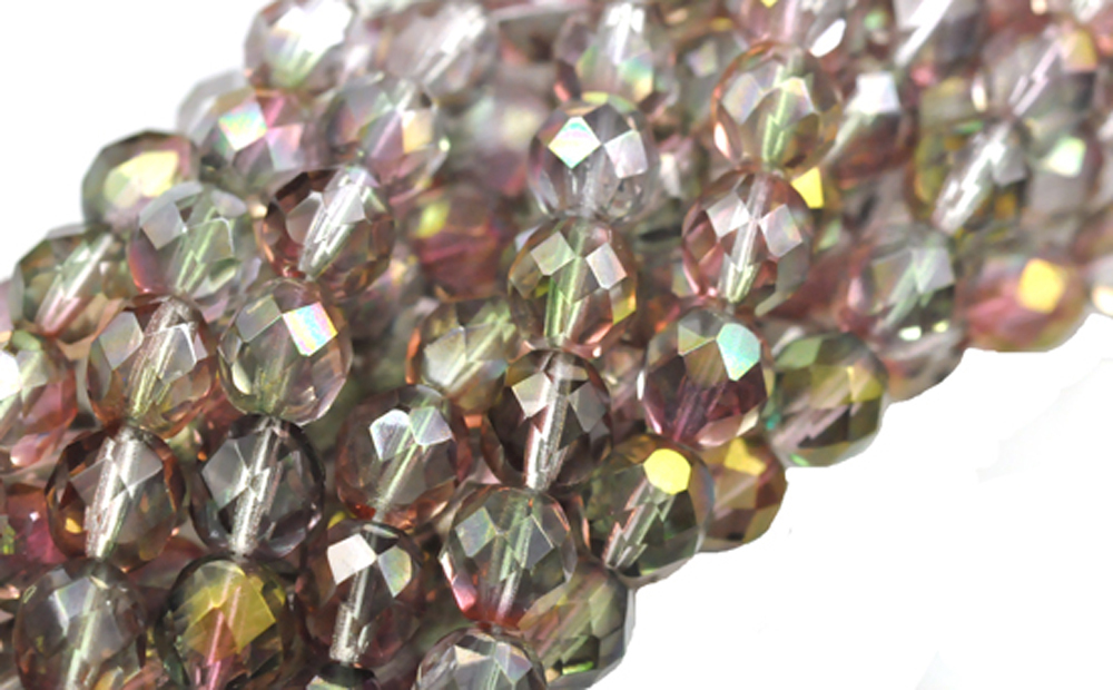 25 Pink / Green Faceted Round Loose Glass Beads 8MM