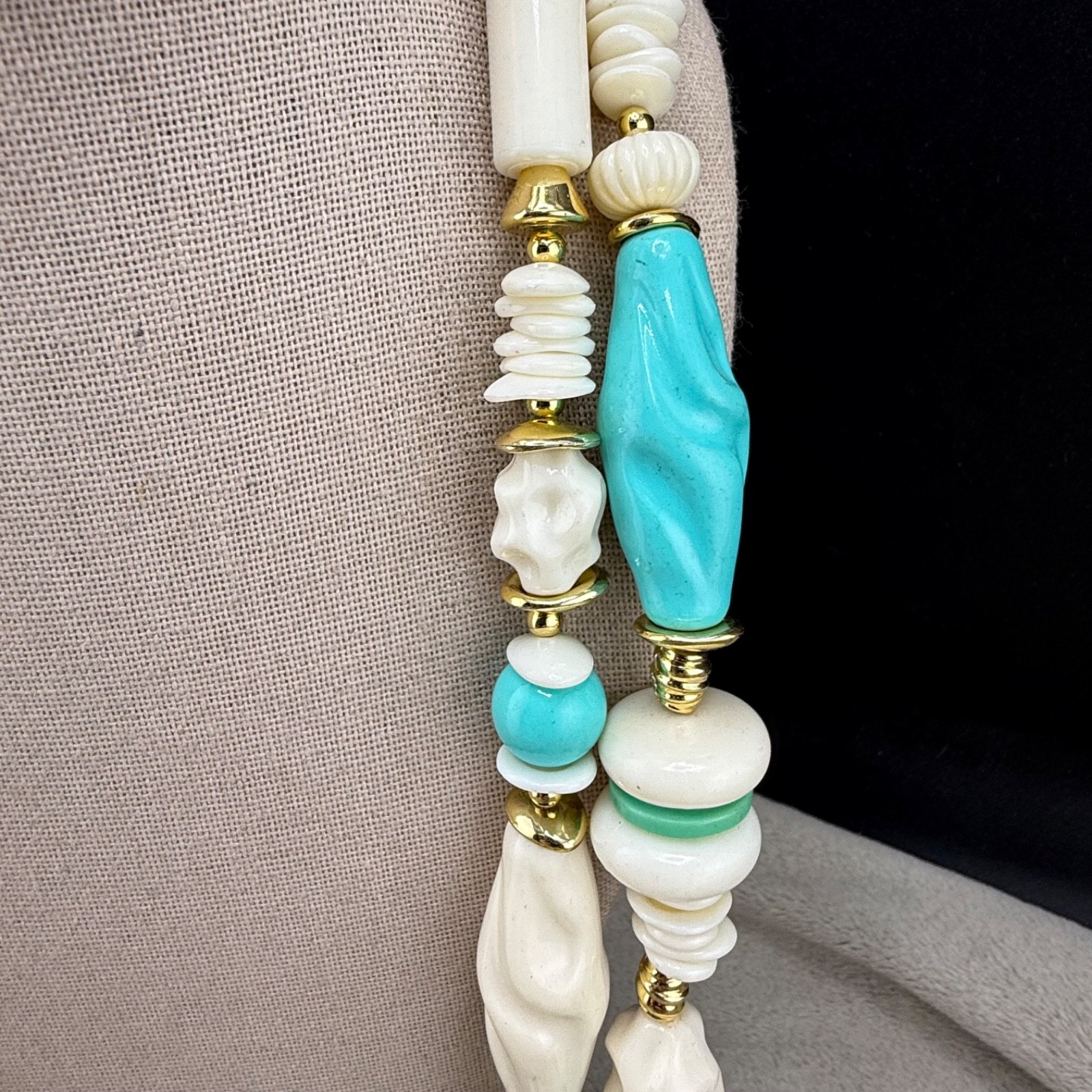 Vintage Beaded Layered Necklace Chunky Blue Green Gold Tone 30″