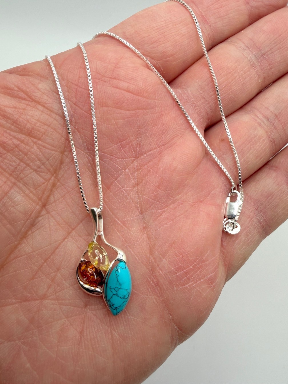 Multicolor Baltic Amber & Turquoise Pendant on Silver Chain