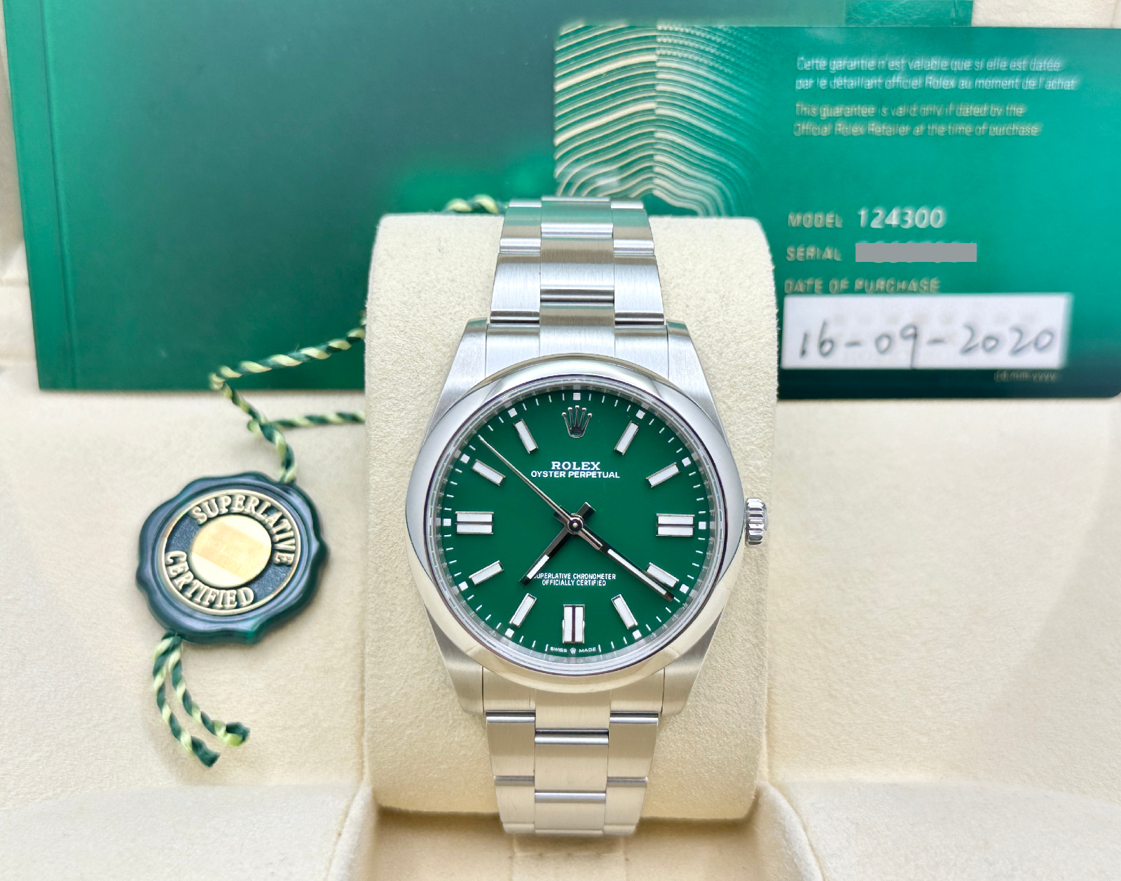 Rolex Oyster Perpetual 124300 41mm Green Dial Stainless Steel Box Papers