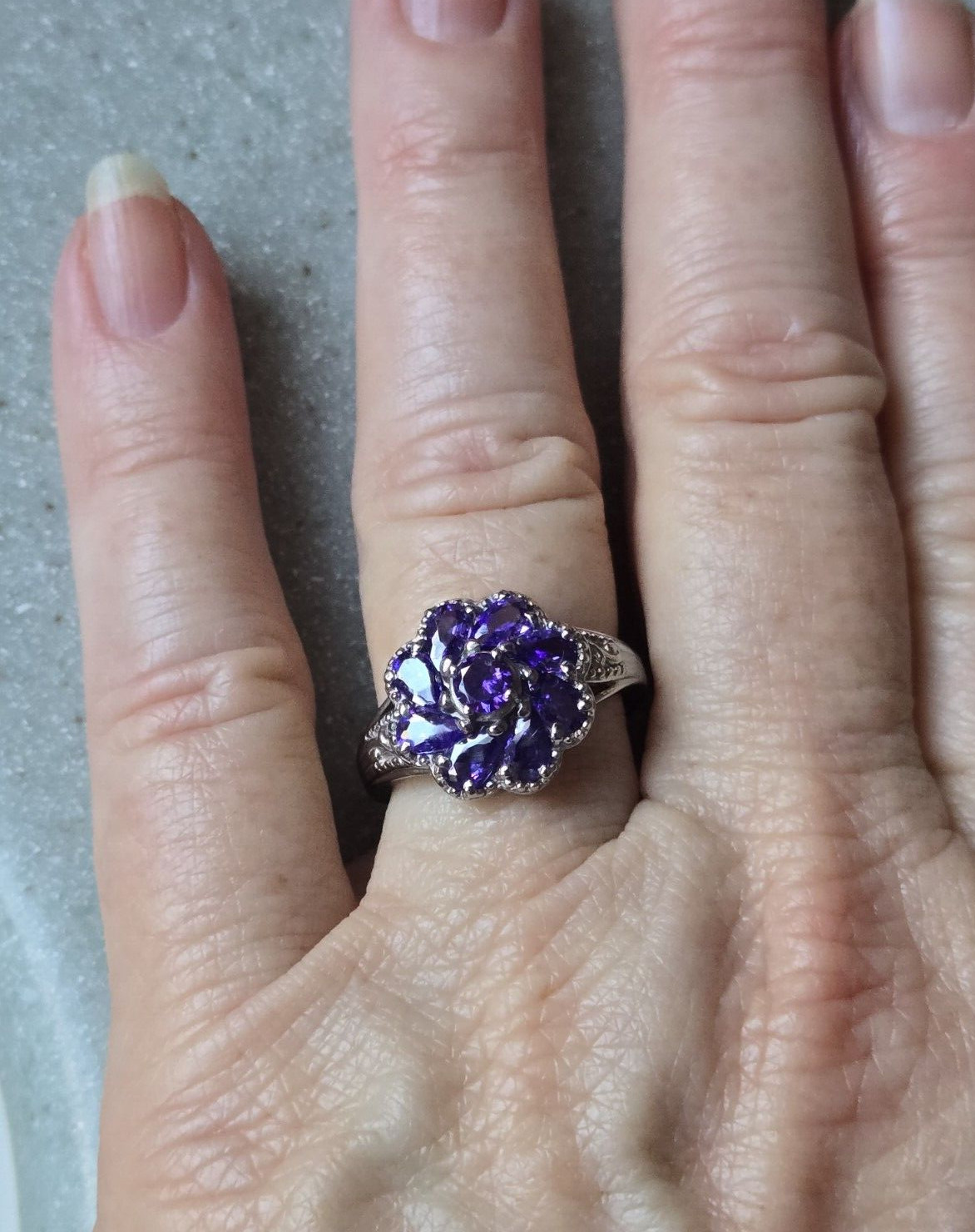 Purple Iolite Floral Ring in Surgical Stainless Steel, 2.85 ctw Size 7