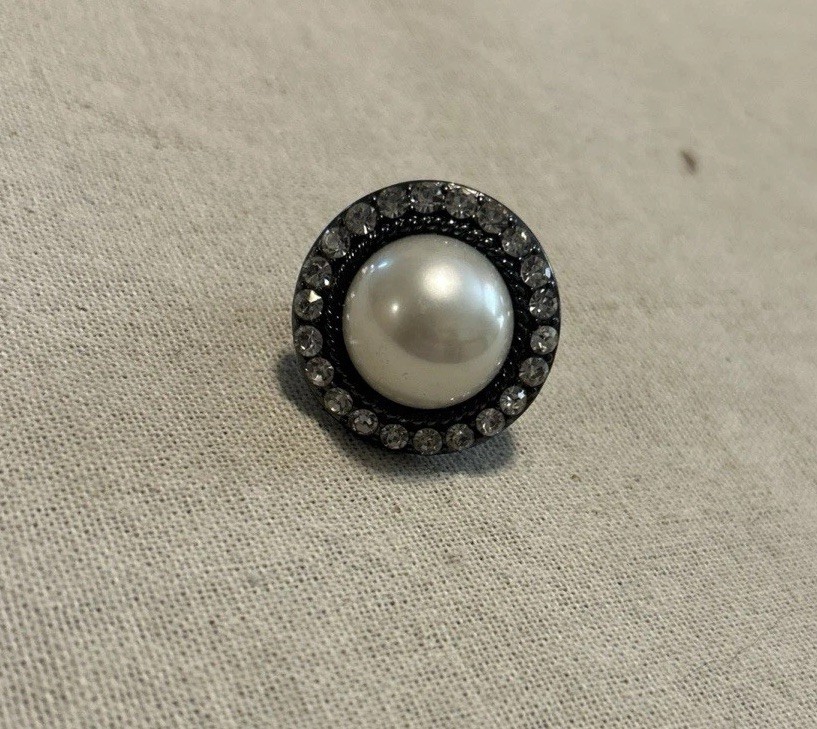 Vintage Cocktail Ring Faux Pearl & Rhinestone Stretch To Fit