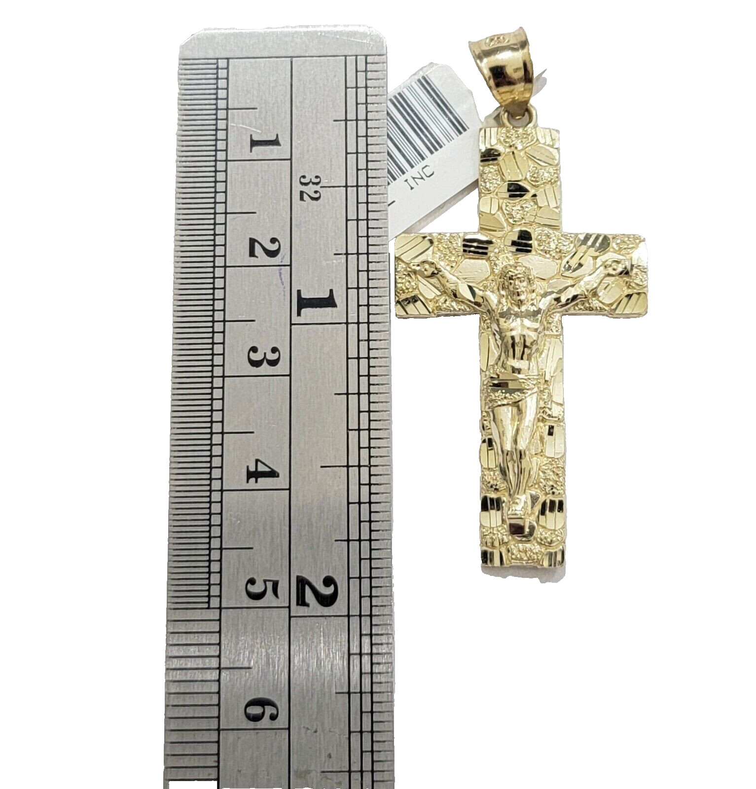 10k Yellow Gold Nugget Jesus Cross Charm Pendant 2” inches Real 10kt SALE Chain