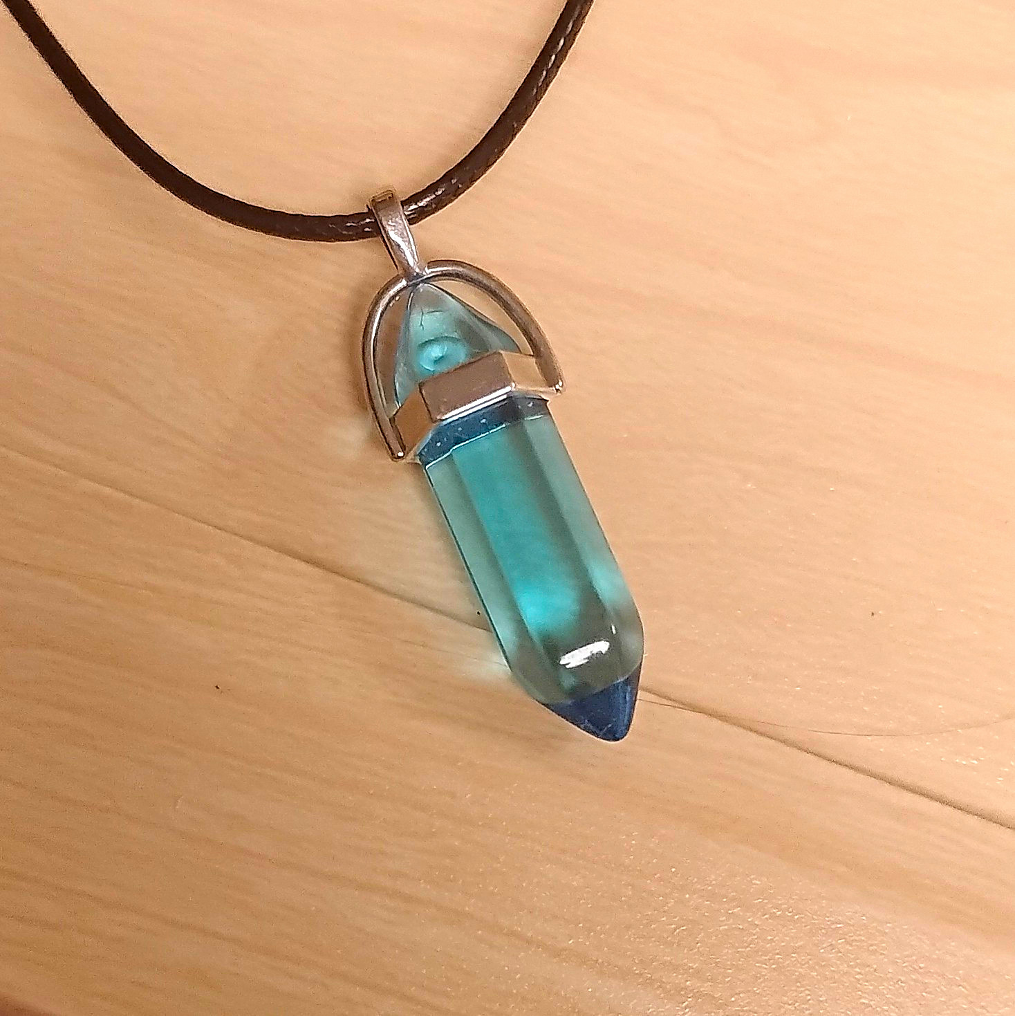 Blue Crystal Point Charm Pendant Necklace on Brown Cord, Silver Tone