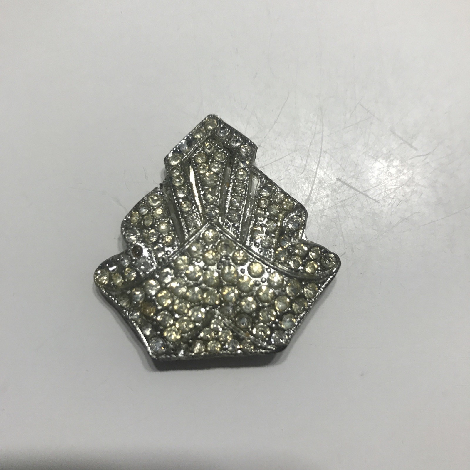 Vintage Rhinestone Dress / Scarf Clip Silver Tone Art Deco.