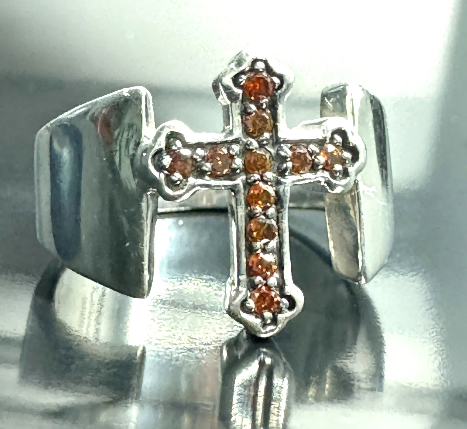Sterling Silver 925 Cross Ring Unisex Sz7 Red Burgundy Diamond Accent Wide Band