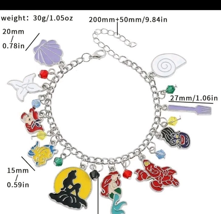Little Mermaid Charm Bracelet And Necklace Set.Enamel Silvertone All Ages