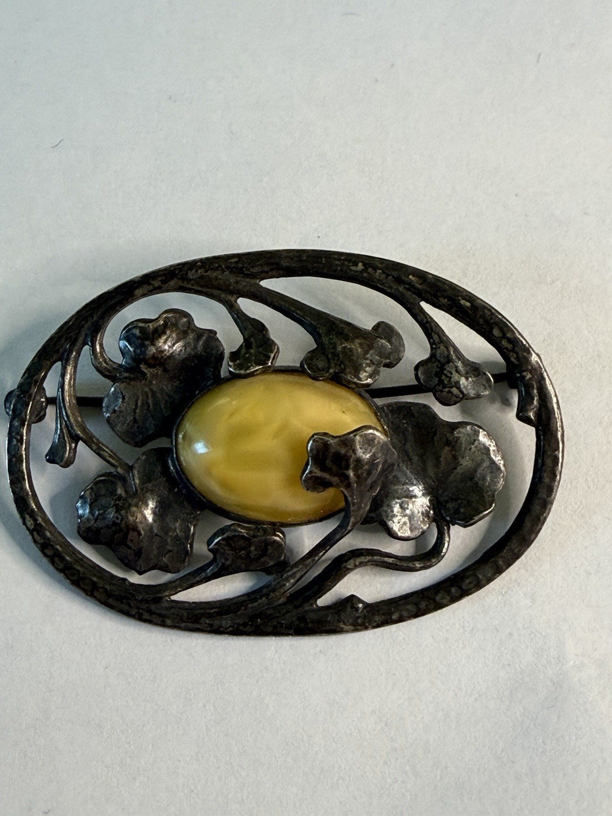 Vtg Art Nouveau 800 Silver Oval Cabochon Butterscotch Egg Yolk Amber Brooch Test