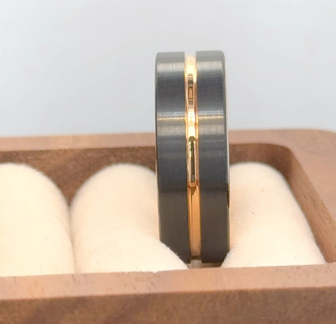 Modern Rose Gold And Black Tungsten Ring – Unique Grooved Pattern Couple Band