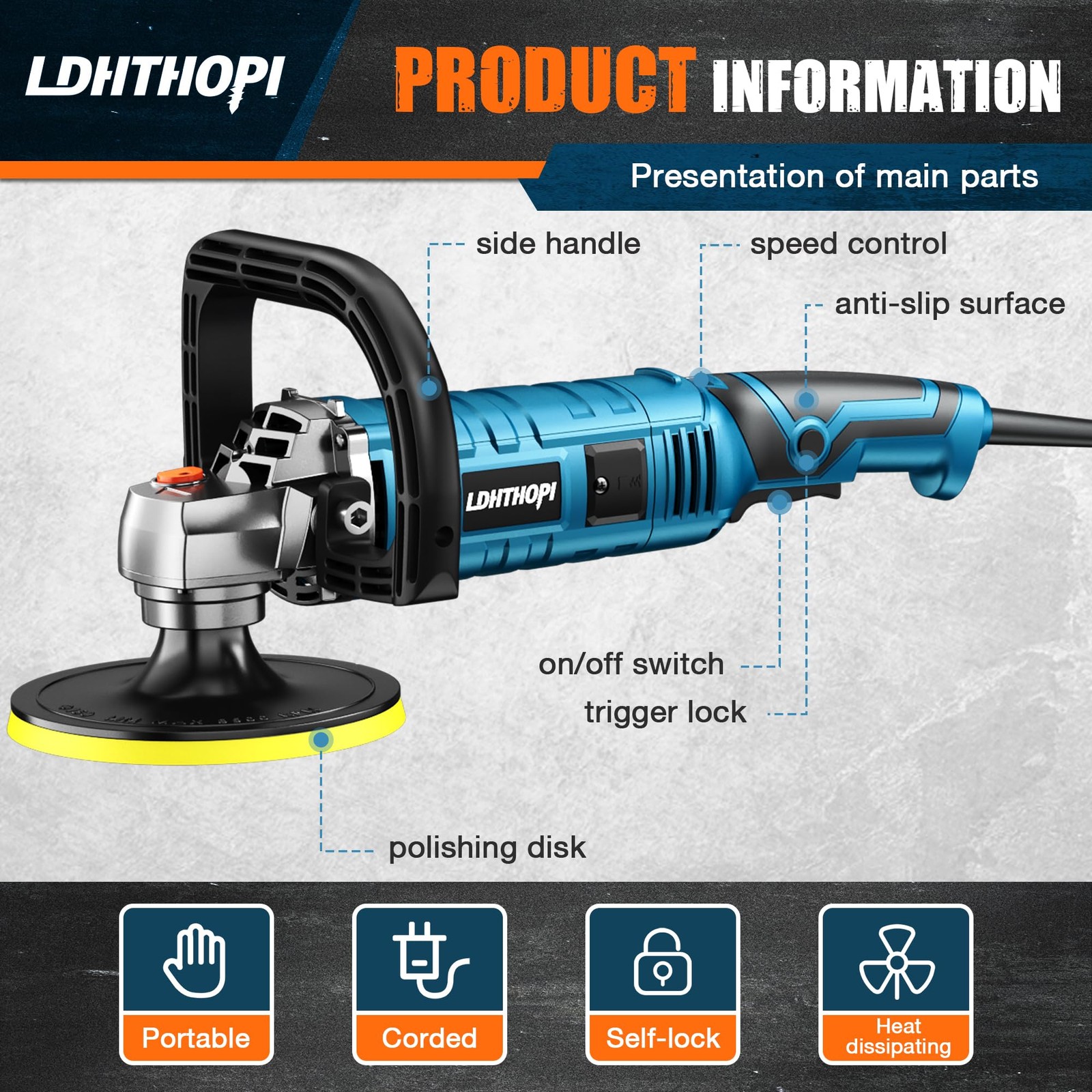 Ldhthopi Buffer Polisher 1600W 7 Inch/6 Inch Rotary Buffer Polisher Waxer 7
