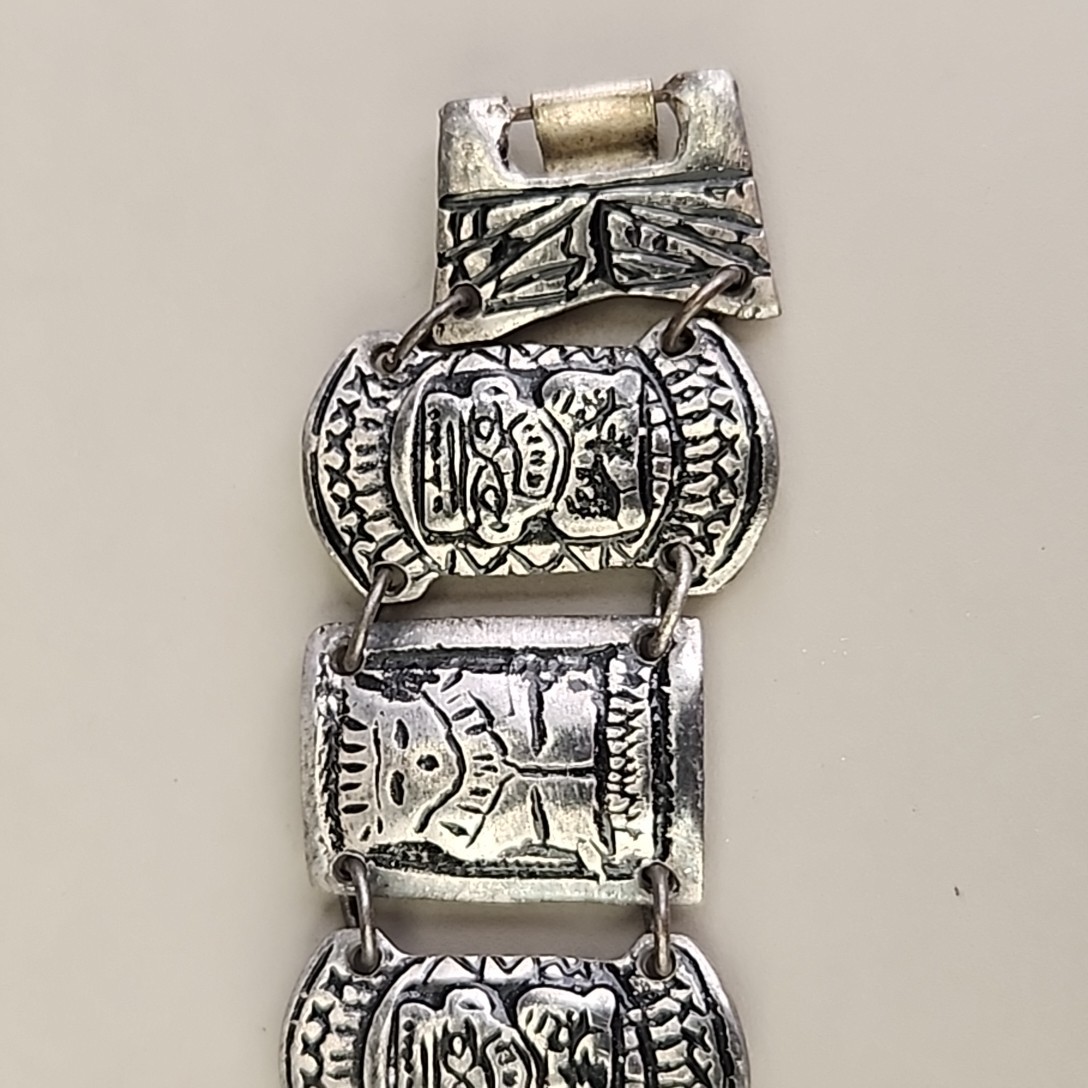 Vintage Columbian Panel Bracelet 800 Silver Tiki Peru 6.75″